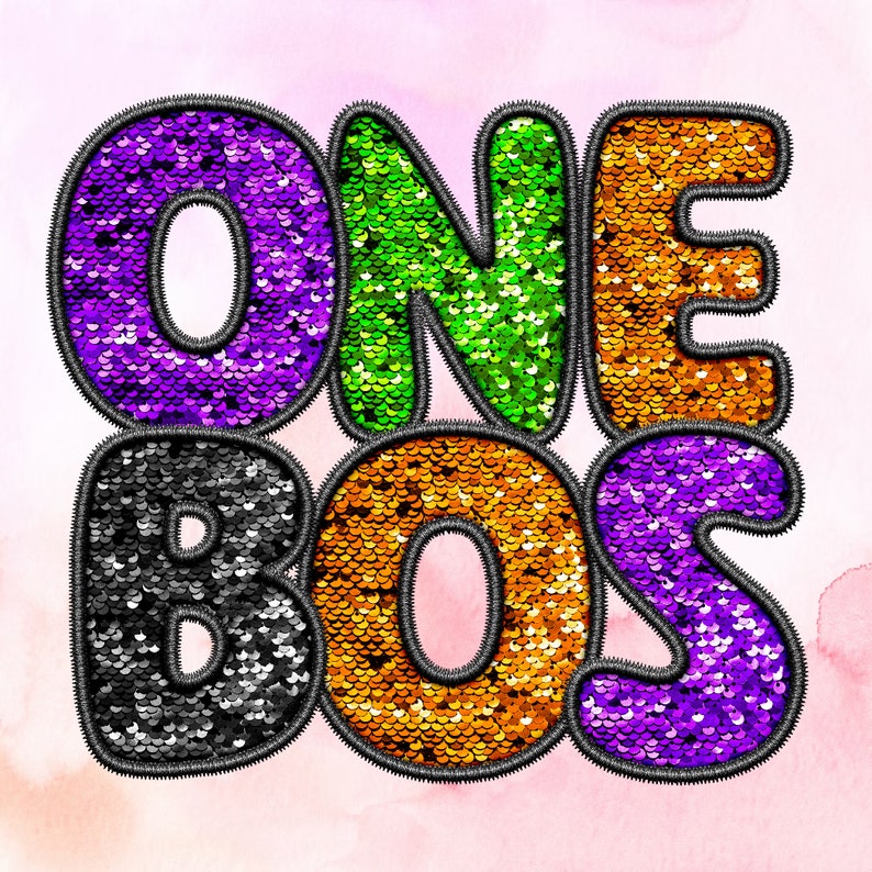 May include: A colorful sequined patch with the words "ONE BOS" in black, purple, green, and orange.