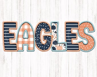 イーグルスのフェイク刺繍PNG、イーグルスのマスコットPNG、秋のフェイク刺繍文字、ボヘミアンベージュティールネイビー、カボチャ柄、アップリケプリント、デジタル