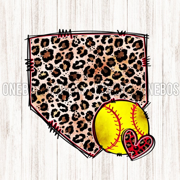 Softball Home Plate PNG, Digital Download Doodle Drawing of Homeplate with Leopard Cheetah Pattern, Soft ball, Heart, Sublimation Print