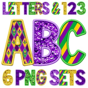 Mardi Gras-alfabetschijfbundel, appliqué namaakletters, Sans Stitch-sets, goud paars groen, png-sublimatie, fleurige pailletten
