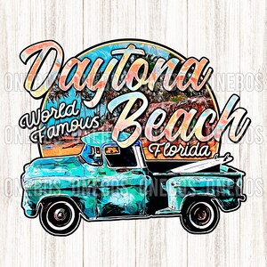Daytona Beach PNG, Daytona Beach Florida Digital Download mit Vintage, Old Truck & Surfboard, auf Rund Retro Kreis Hintergrund, Sublimation