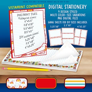 May include: Digital stationery printable design featuring a rainbow and circle pattern. The design is compatible with Vistaprint and includes 9 different styles, multiple colors and sizes. The image shows a sheet of paper with the design, a pencil, and a sample of the design in a smaller size.