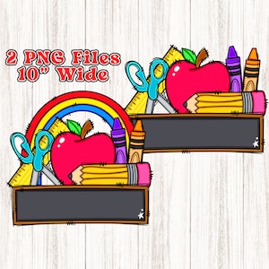 Marco del nombre de la escuela PNG, Doodle Art, Marco de pizarra primaria Apple Pencil Crayon Ruler Elementos de tijera, Sublimación del maestro de jardín de infantes