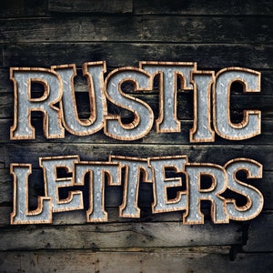Clipart ONLY Descarga digital / 3D Galvanized Metal Rústico con Letras y Números de Acento de Madera / PNG Image Graphic Clipart Bundle Set