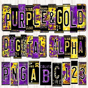 Alfabeto de matrícula púrpura y dorado, letras de coincidencia mixta, estampado de leopardo grunge, sublimación, números de letras rústicas, impresión de imágenes prediseñadas