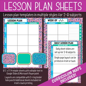 Puede incluir: Plantillas de planes de lección imprimibles en varios estilos para 2-8 asignaturas. Las plantillas presentan un patrón geométrico rosa y azul con círculos y líneas. El texto "LESSON PLAN" y "WEEK OF" se encuentra en la parte superior de las plantillas. El texto "DAILY LESSON PLAN" se encuentra en una plantilla separada con instrucciones de uso. El texto "CURRICULUM MAPS INCLUDED!" se encuentra en la parte inferior de la imagen.