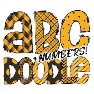 Descarga digital / Doodle Amarillo Negro 1 Patrón Relleno / PNG Clipart Bundle Alphabet Pack / Letras y Números