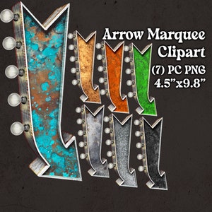 May include: Seven digital arrow marquee signs in various colors, including turquoise, orange, green, gray, and black. Each sign has a distressed metal finish and a row of light bulbs. The signs are 4.5 inches by 9.8 inches.