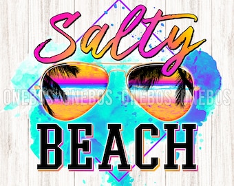 80s Beach PNG, Salty Beach with Sunglasses on Watercolor Splatter Background, Diamond Retro Shape, Vintage Beach Boardwalk, Sublimation File