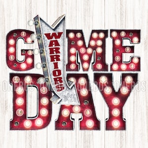 Warriors GAME DAY PNG, Rood Kastanjebruin, witte School Kleuren, Partytent Letters met Pijl, Retro Vintage Sign, Rustieke Grunge Sublimatie Print
