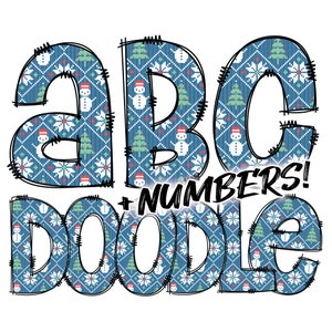 Digitaler Download | Doodle Blau Schneemann Weihnachten Strickpullover Muster Fill | PNG Clipart Bundle Alphabet Pack | Buchstaben und Zahlen