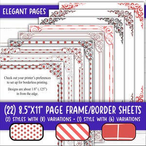 May include: Twenty-two printable 8.5 x 11 inch page frame or border sheets.  Two styles with eight variations each, plus one style with six variations.  The styles include a red polka dot pattern, a red and white striped pattern, and a solid red pattern.