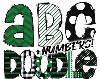 cute homework clipart black and white Digital Download | Doodle Green Black White Pattern Fill | PNG Clipart Bundle Alphabet Pack | Letters and Numbers