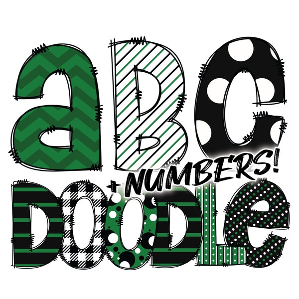 Digital Download | Doodle Green Black White Pattern Fill | PNG Clipart Bundle Alphabet Pack | Letters and Numbers