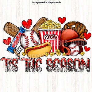 Es la temporada PNG, diseño de béisbol divertido, descarga digital con letras de garabatos, bola incompleta, perrito caliente, palomitas de maíz, casco, murciélagos, corazones
