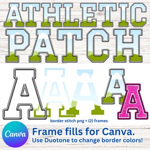 Digitaler Sportlich Aufnäher PNG, Faux Embroidery Sport Alpha Buchstaben & Zahlen, DIY Farbe in Canva, Canva Frame Fill Set, Duotone, Verlaufskarte