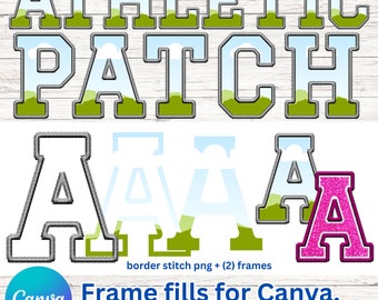 Digital Athletic Patch PNG, Faux Embroidery Sports Alpha Letters & Numbers, DIY Color in Canva, Canva Frame Fill Set, Duotone, Gradient Map