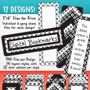 Marcadores digitais (para impressão), conjunto de clipart com 12 | Forrado e em branco para DIY personalizado | Preto, branco, quadrado, diamante, círculo BO55OK-A227