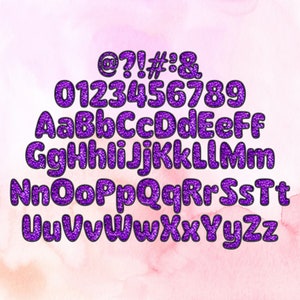 May include: Purple glitter alphabet with uppercase letters, lowercase letters, numbers, and symbols. The letters and numbers are outlined in black.