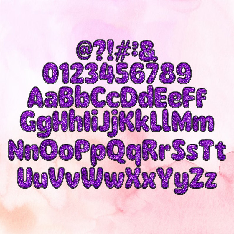 May include: Purple glitter alphabet with uppercase letters, lowercase letters, numbers, and symbols. The letters and numbers are outlined in black.