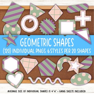 Peut inclure: Un ensemble de 120 formes géométriques dans 6 styles différents, y compris des rayures, des pois et des motifs à carreaux. Les formes sont de différentes couleurs, notamment le vert, le violet et le rose. Les formes mesurent environ 10 à 15 cm.  "GEOMETRIC SHAPES (120) INDIVIDUAL PNGS: 6 STYLES PER 20 SHAPES AVERAGE SIZE OF INDIVIDUAL SHAPES IS 4"-6" + GANG SHEETS INCLUDED!"