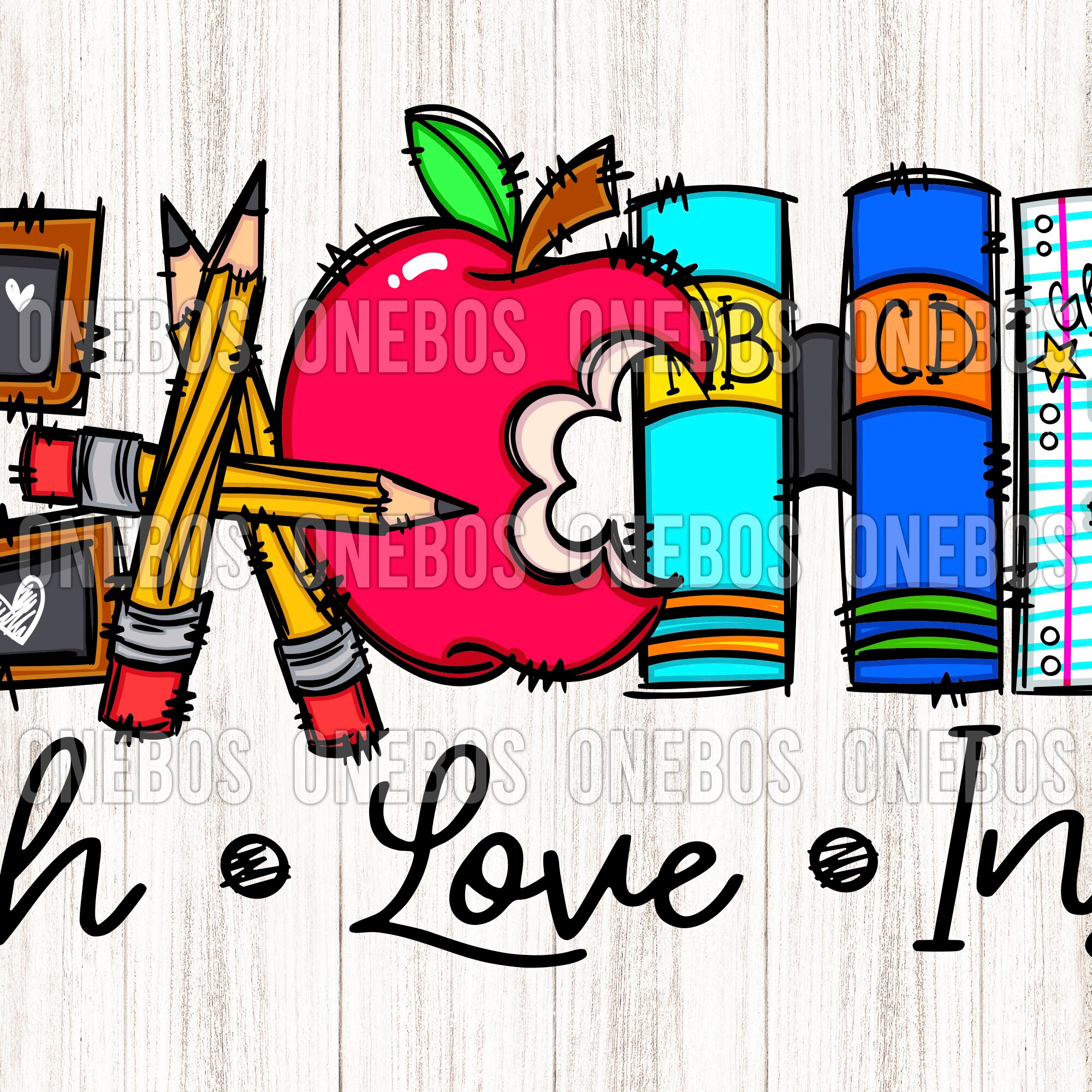 Teacher PNG, Teach Love Inspire Art and Doodle, School Rulers, Chalkboard,  Pencils, Apple, Books, Paper, Globe, & Scissors Spell Out Teacher 