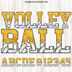 Volleybal alfabet, gouden glitter panelen patroon, College school atletische volledige blok sport clipart alfabet letters voor digitale download