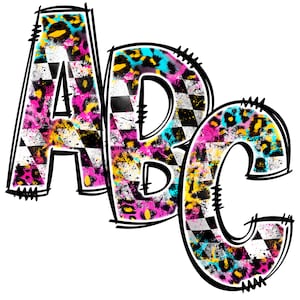 Rainbow Race Leopard Checker PNG, Doodle Letters & Numbers | Auto BMX Motorcross | Krabbel Schets Alpha Teams, Wedstrijden, Sublimatie PNG