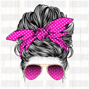 Pink College Messy Bun, Clipart Funny Mom Bun, Meisje met bril, College, School, Bandana Hoofdband Bow met Polka Dots, Sublimatie DTG