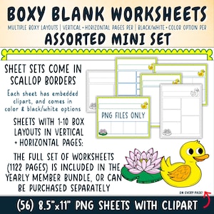 May include: Printable worksheets with boxy layouts, vertical and horizontal pages, and black/white colour options. The worksheets feature scallop borders, embedded clipart, and come in colour and black/white options. Includes 56 sheets, each 21.6 x 27.9 cm, with clipart.