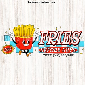 Fries Before Guys PNG, Retro Clipart mit 50er Jahre Vibe Cartoon Charakter, Karo Hintergrund, Ästhetisches trendiges Werbethema
