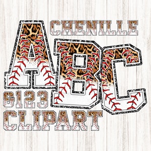 Puede incluir: Letras A, B y C de estampado de leopardo con un diseño de puntadas de béisbol y fondo blanco. Las letras están delineadas en negro y tienen un efecto brillante. El texto "Chenille" y "123 Clipart" también están incluidos en la imagen.