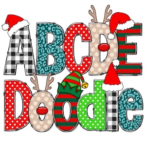 Christmas Doodle Bundle, Weihnachts-Alphabet, Weihnachtsbuchstaben, mit zusätzlichen Clipart, Weihnachtsmützen, Rentier, Elfen, Plaid, Leopard, Streifen, PNG-Sets