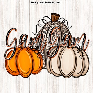 May include: A digital illustration of pumpkins with the text "Gam Jam" in black with orange outlines. The pumpkins are orange, white, and brown with a leopard print pattern.