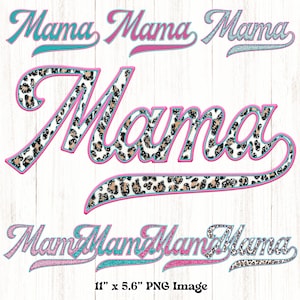 Retro Mama PNG, Paquete de 8 PNG de bordado falso en rosa y verde azulado, Estampado de leopardo, Brillo, Lentejuelas, Impresión de parche, Paquete de imágenes prediseñadas DTF de sublimación