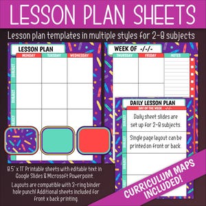 May include: Printable lesson plan templates in multiple styles for 2-8 subjects. The templates feature a colorful crayon pattern on a purple background. The text "LESSON PLAN SHEETS" is at the top of the image. The text "CURRICULUM MAPS INCLUDED!" is at the bottom of the image.