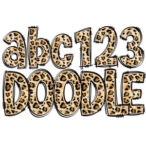 Leopard Alphabet PNG, Bubble Fat Hand Drawn Doodle Letters VS3 con patrón de estampado animal, descarga digital para sublimación, diseños de camisas