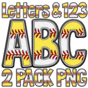 Pode incluir: Pacote de dois cliparts digitais com letras e números em um design de ponto de beisebol. As letras são A, B e C. Os números são 1, 2 e 3. O texto "Letters & 123" e "2 Pack PNG" também estão incluídos no design.