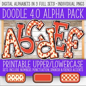 Conjunto de números do alfabeto para placas - Doodle 4.0 | +Francês e Espanhol | Paredes/Porta do Professor | Outono, outono vermelho marrom folha e xadrez AL55BOD4-A178