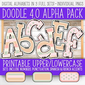 Conjunto de números do alfabeto para placas - Doodle 4.0 | +Francês e Espanhol | Paredes/Porta do Professor | Listras, Bolinhas, Calmo, Boho, Neutro AL55BOD4-A220