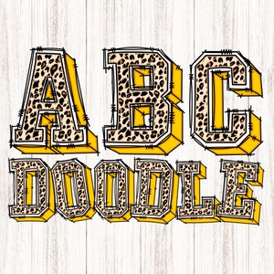 Könnte beinhalten: Gelbe und braune Buchstaben, die "ABC DOODLE" mit einem Leopardenmuster buchstabieren.