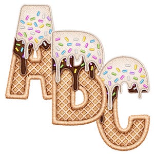 May include: The letters A, B, and C are embroidered in a waffle cone design with white frosting, chocolate sauce, and colorful sprinkles.