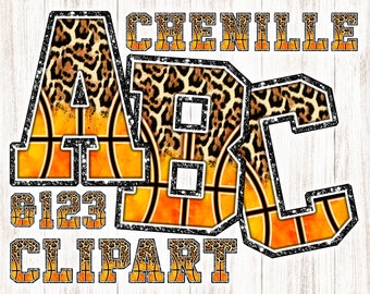 May include: A set of three letters, A, B, and C, in a black and white leopard print with a basketball pattern overlay. The letters are outlined in black and have a glittery effect. The text "Chenille" and "123 Clipart" are also included in the image.