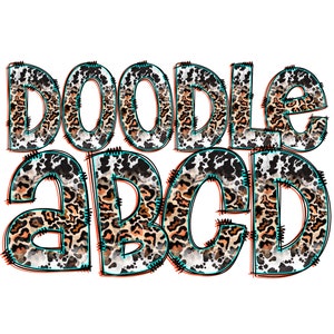 Alfabeto de leopardo de vaca ocidental PNG, letras de doodle com preenchimentos de impressão de leopardo de vaca dividida, clássico 2.0, rodeio, sublimação rústica, design de camisa
