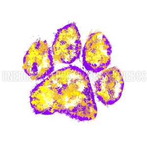 May include: A paw print design in shades of purple and yellow against a white background. The paw print is made up of brush strokes of yellow and purple paint. The text "ONEBOS" is visible in the image.