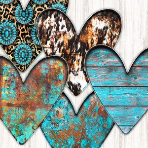 May include: Five rustic wooden hearts with turquoise and brown paint. The hearts are arranged in a row, with the top heart partially obscured by the heart below it.
