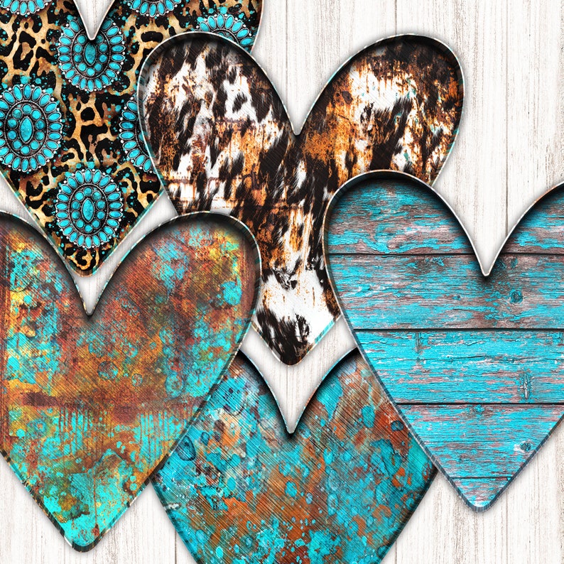May include: Five rustic wooden hearts with turquoise and brown paint. The hearts are arranged in a row, with the top heart partially obscured by the heart below it.