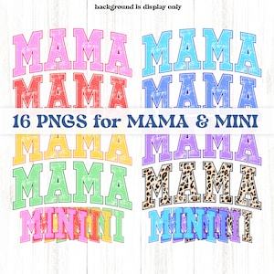 May include: A set of 16 digital PNG files featuring the word "MAMA" and "MINI" in various colors and patterns, including rainbow, leopard print, and solid colors. The text is in a vintage, distressed font style.
