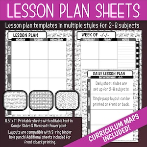Puede incluir: Hojas de plan de lección imprimibles en varios estilos para 2-8 asignaturas. Las hojas miden 8,5 pulgadas por 11 pulgadas y son compatibles con carpetas de 3 anillos. Las hojas son editables en Google Slides y Microsoft PowerPoint. El texto en la imagen dice "Lesson Plan Sheets", "Lesson plan templates in multiple styles for 2-8 subjects", "Lesson Plan", "Week of", "Daily Lesson Plan", "Day of the Week", "Curriculum Maps Included!"