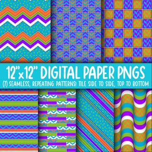 Behangachtergrond: digitaal papier | Naadloos | Geometrisch, chevron, stip, raster, race, neon, oranje, paars, groen, blauw WA55LL-A251
